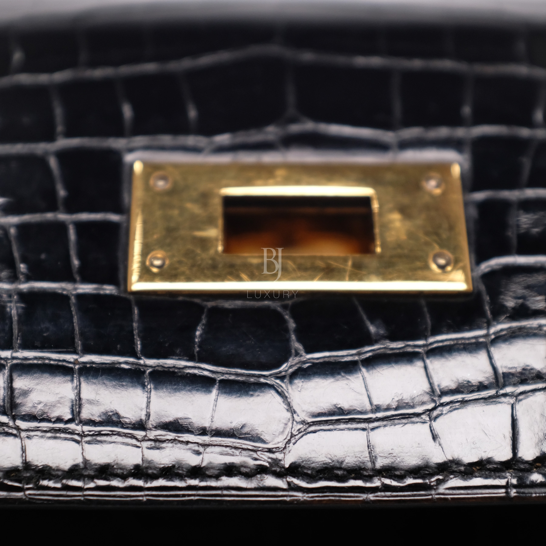 Hermes 20cm Shiny Black Porosus Crocodile Sellier Kelly Sport Bag, Lot  #58085