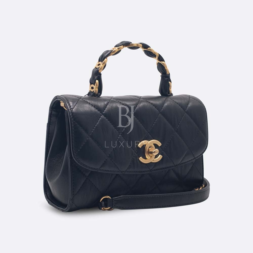 CHANEL FLAP BAG WITH TOP HANDLE MINI BLACK LAMBSKIN - BJ Luxury