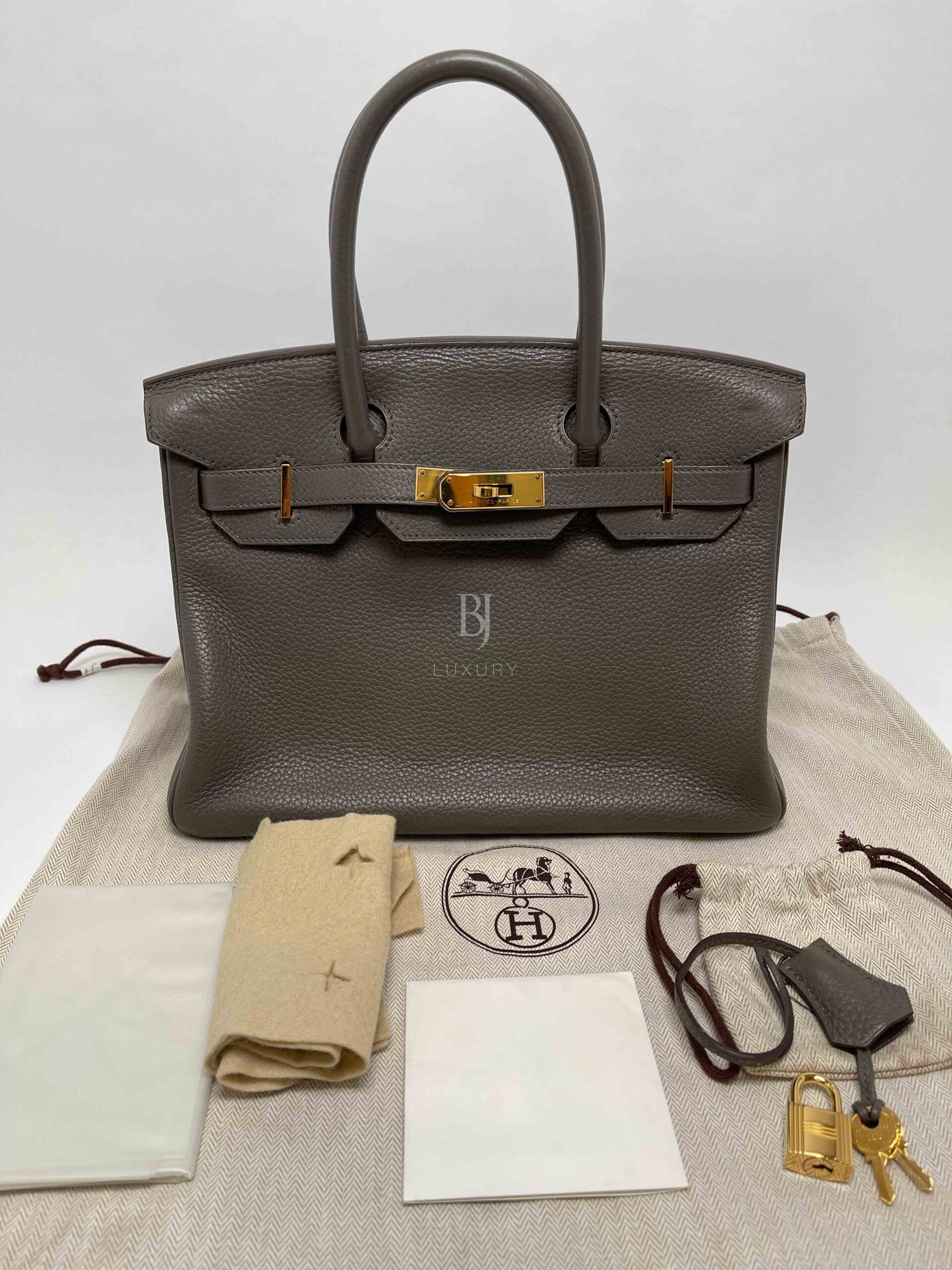 HERMES BIRKIN 30 Clemence leather Etain □Q Engraving Hand bag