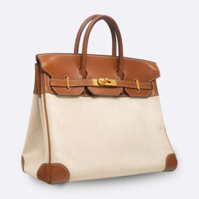 HERMES HAC HAUT A COURROIES 32 FAUVE TOILE, BARENIA