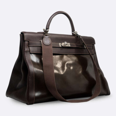 HERMES KELLY AMAZONE RETOURNE 50 BROWN CALFSKIN, RUBBER