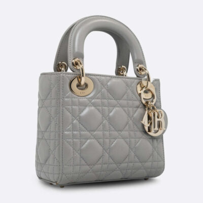 CHRISTIAN DIOR LADY DIOR MINI SILVER IRIDESCENT LAMBSKIN