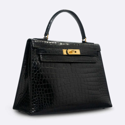 HERMES KELLY SELLIER 28 BLACK POROSUS CROCODILE