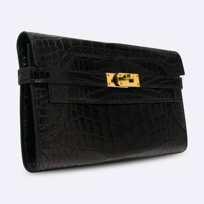 HERMES KELLY WALLET LONG BLACK ALLIGATOR