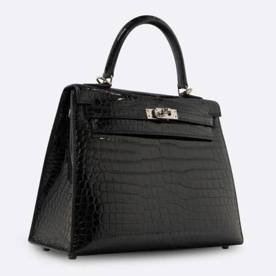 HERMES KELLY SELLIER 25 BLACK POROSUS CROCODILE