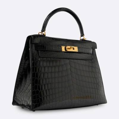 HERMES KELLY SELLIER 28 BLACK POROSUS CROCODILE